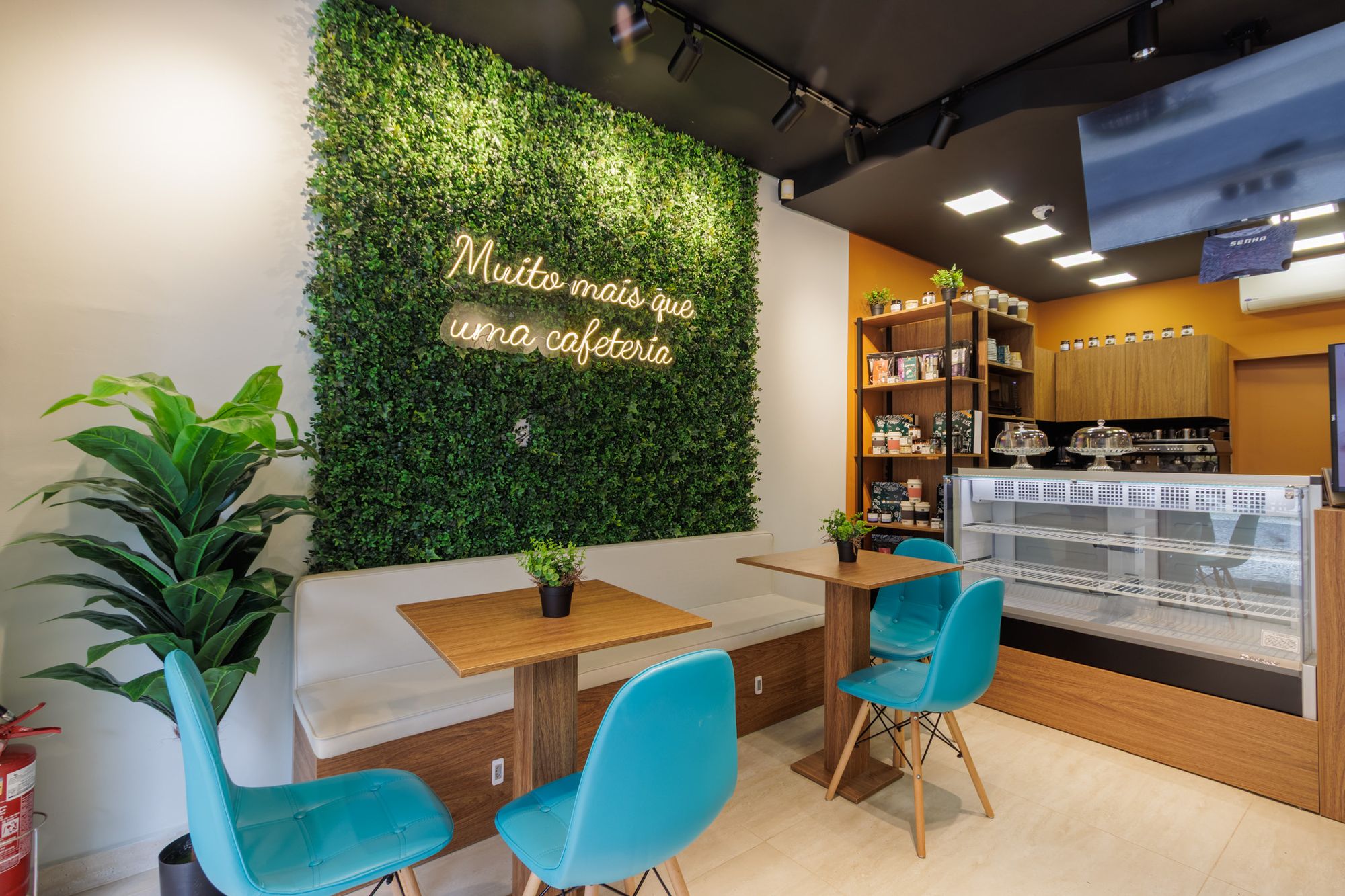 Salão da cafeteria com painel verde, balcão e mesas
